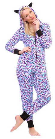 Totally Pink Women's Warm and Cozy Plush Onesie Pajama blue purple leopard