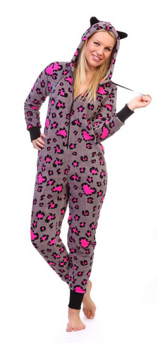 Totally Pink Women's Warm and Cozy Plush Onesie Pajama pink grey leopard