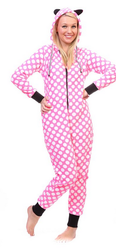 Totally Pink Women's Warm and Cozy Plush Onesie Pajama white polka dot