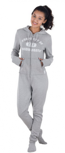 Gray Varsity Hooded Onsie Footed Fleece Pajamas for Women